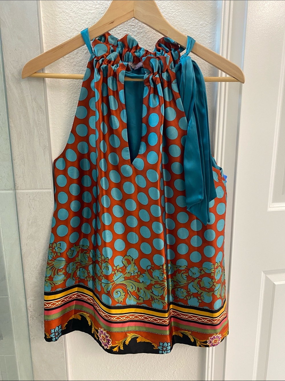 Hale Bob Teal and Orange Polka Dot Halter Silk Top